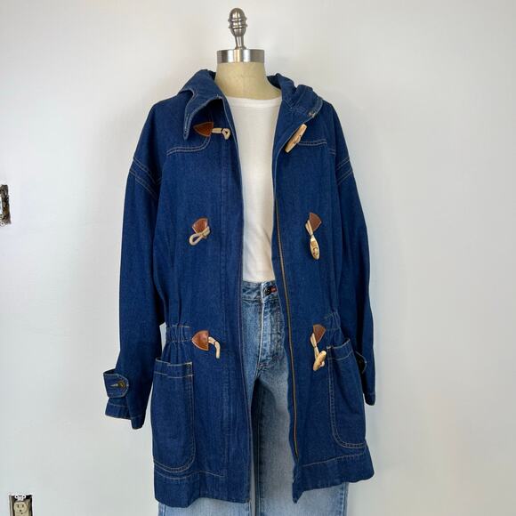 Vintage 80's Retro Leslie Fay Toggle Denim Hooded Chore Coat Barn Jacket (Sz M) - Picture 8 of 16